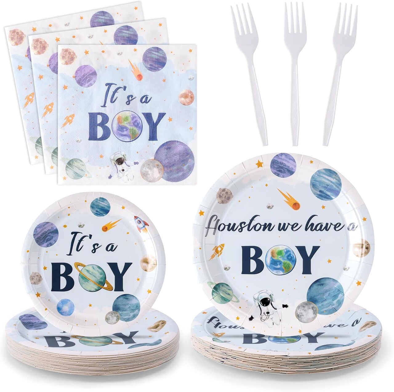 96-Piece Houston Baby Shower Tableware Set – Serves 24 Guests (Space Baby)